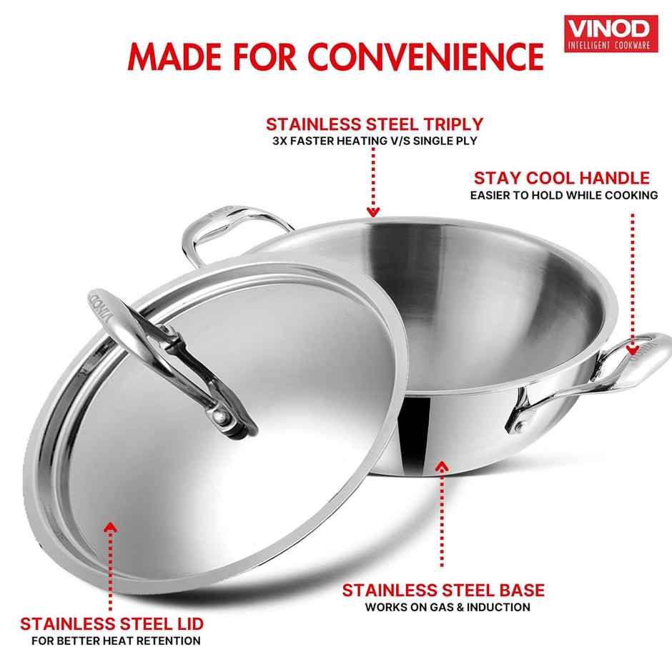 Vinod Platinum Triply Stainless Steel Extra Deep Kadai With Lid- 26 Cm, 3.7 L (Induction Friendly)