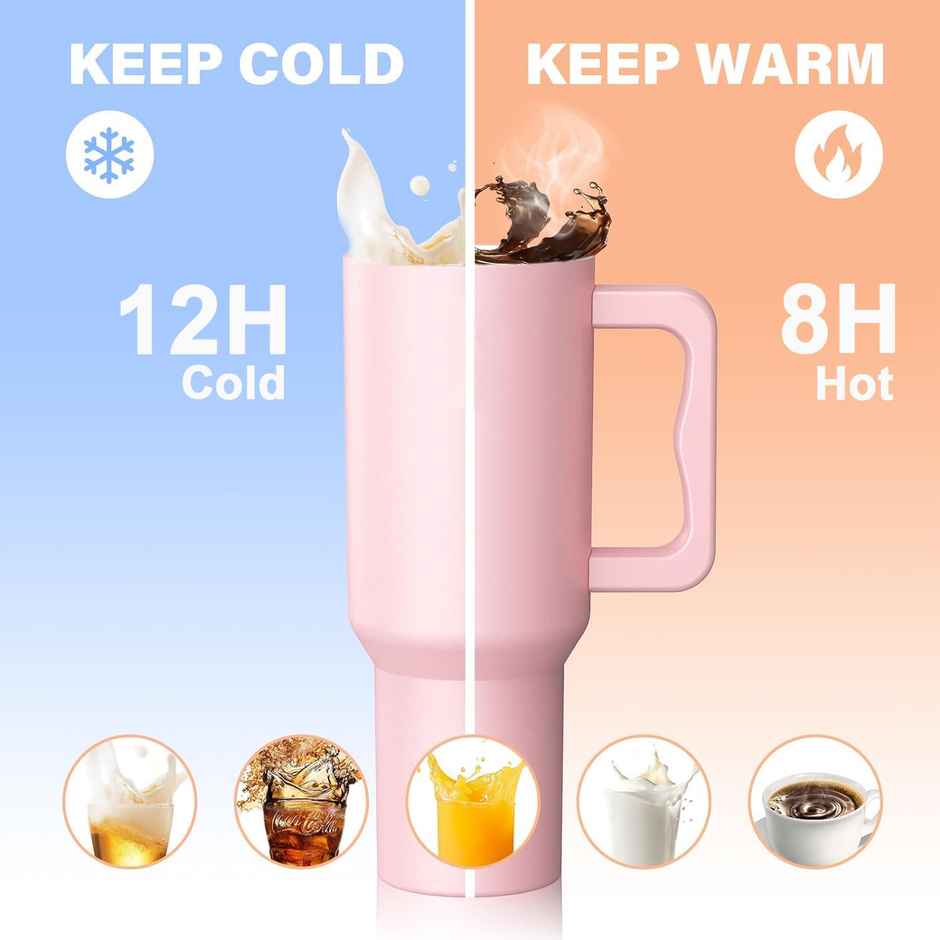 House of Quirk Stainless Steel Tumbler with Handle & Lid, 2 Straws | Misty Rose - 1200 ml