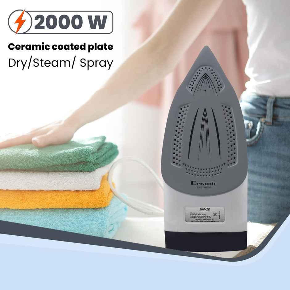 Agaro Royal Steam Iron 2000W Ceramic Coated Sole Plate 360 Degree Swivel Cord Anti-Calc 320 Ml Blue
