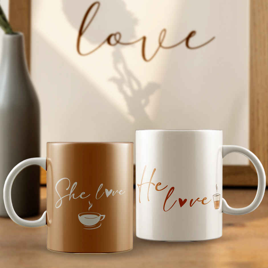 She Loves Coffee and He Loves Tea Ceramic Mug Set | Cute Couple Mugs Valentine Gift | EcraftIndia