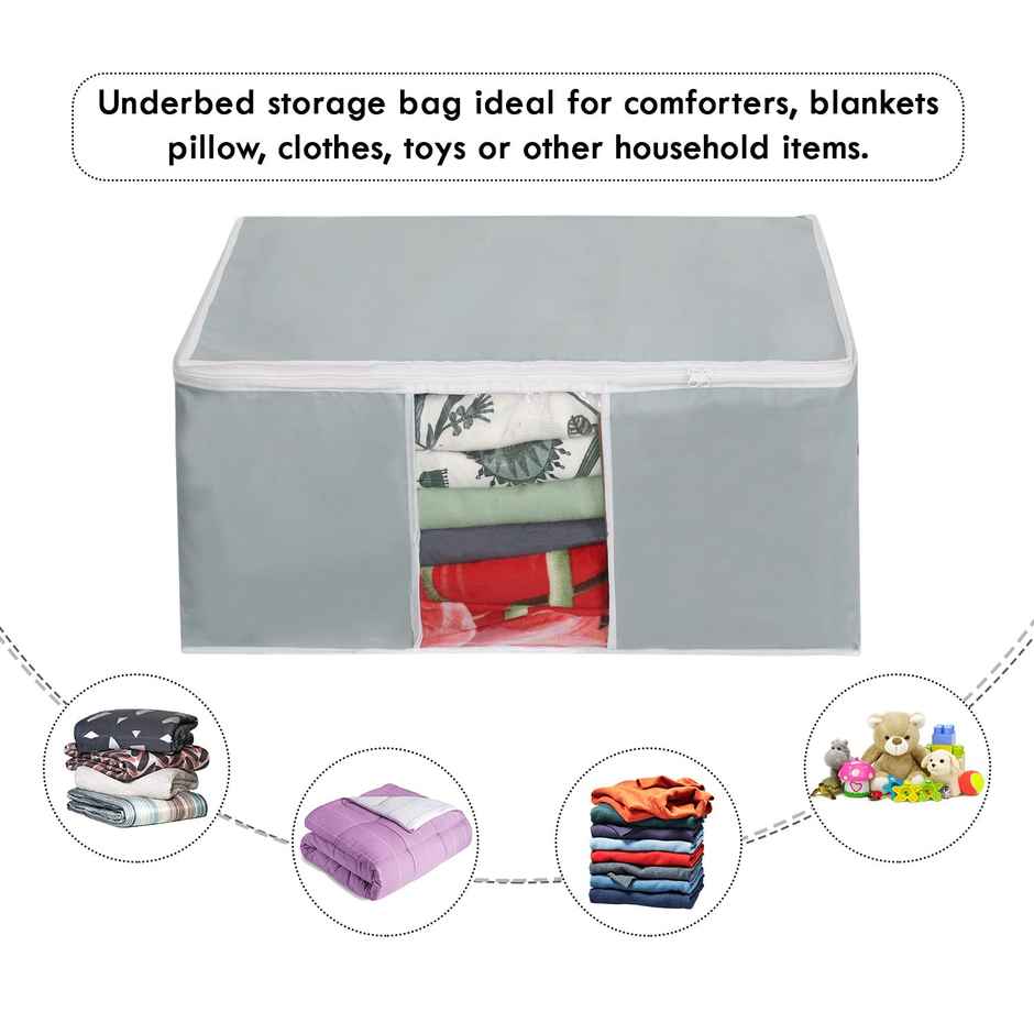 Prettykrafts Underbed Storage Bag, Storage Organizer With Side Handles (Set Of 3 Pcs) - Grey
