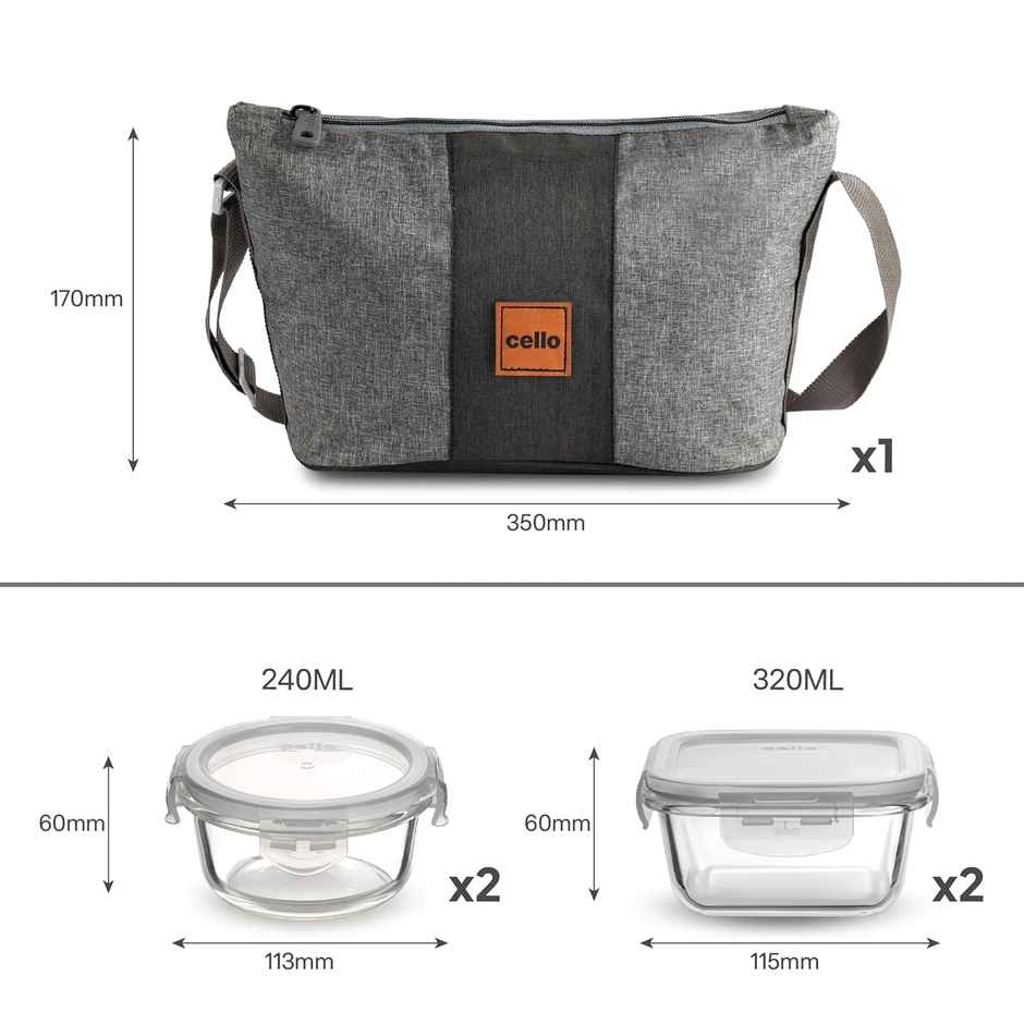 Cello Glassy Mix Lunch Box | Microwavable Borosilicate Glass | 2 x 320 ml and 2 x 240 ml