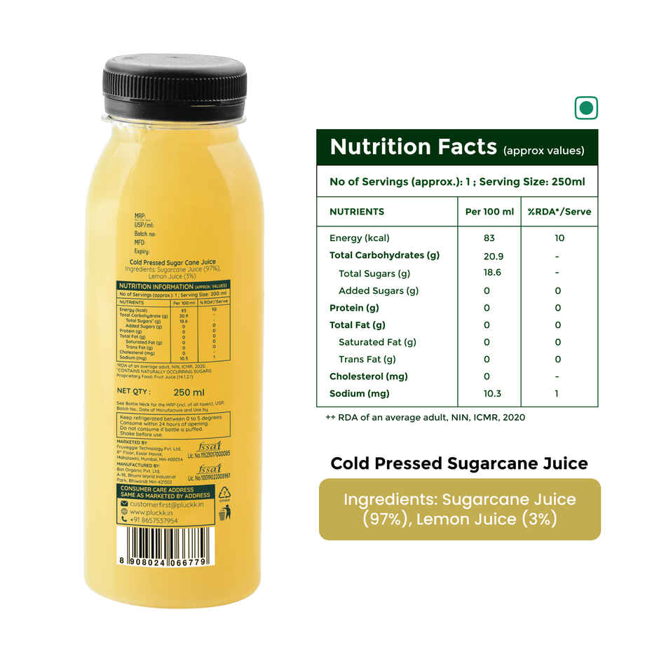 Pluckk Cold-Pressed Sugarcane Juice | No Added Sugar | No Preservatives | Helps Digestive Support