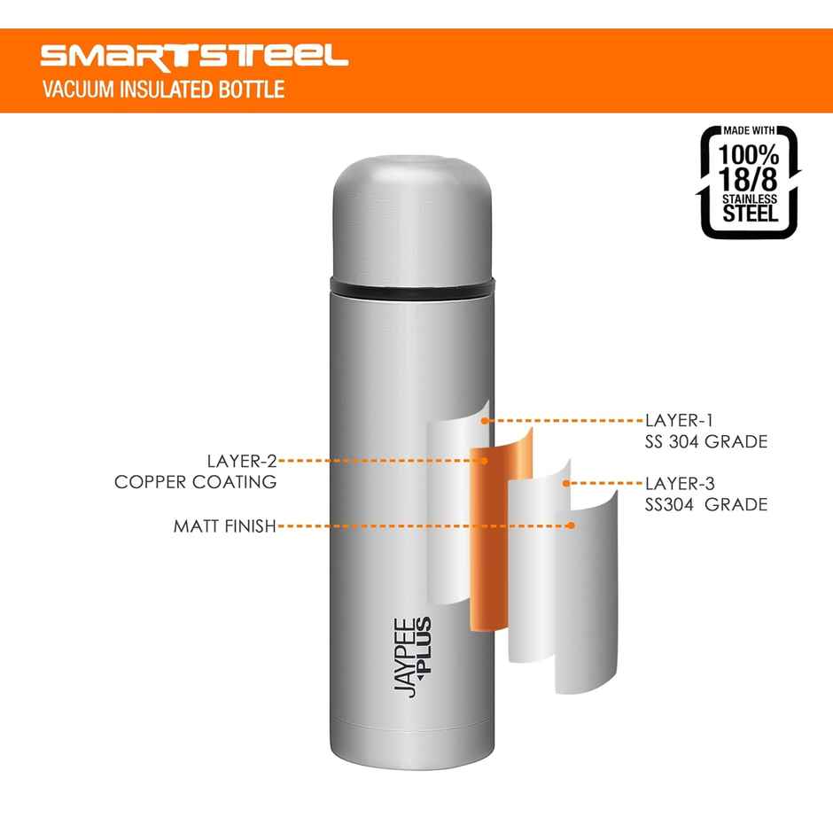 Jaypee Plus Max Vacuum Insulated Stainless Steel Hot & cold Water Bottle SS Finish | , 750ml