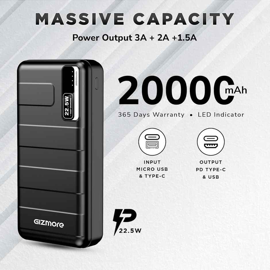 Gizmore Pd20Kp2 20000 mAh Pd Power Bank 22.5W Fast Charging With Type-C Charging Cable