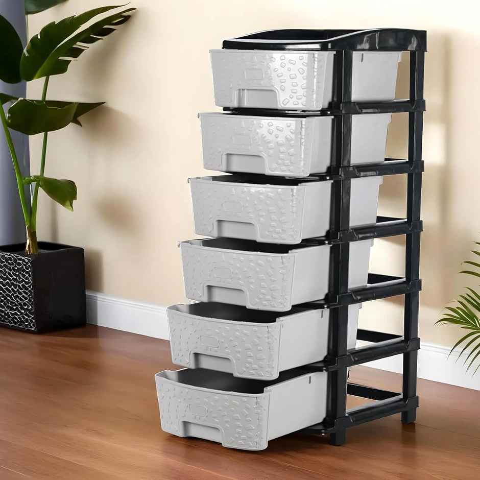 Kuber Industries Modular 6-Layer & 63 L Plastic Drawer Storage Organiser | Black & Grey