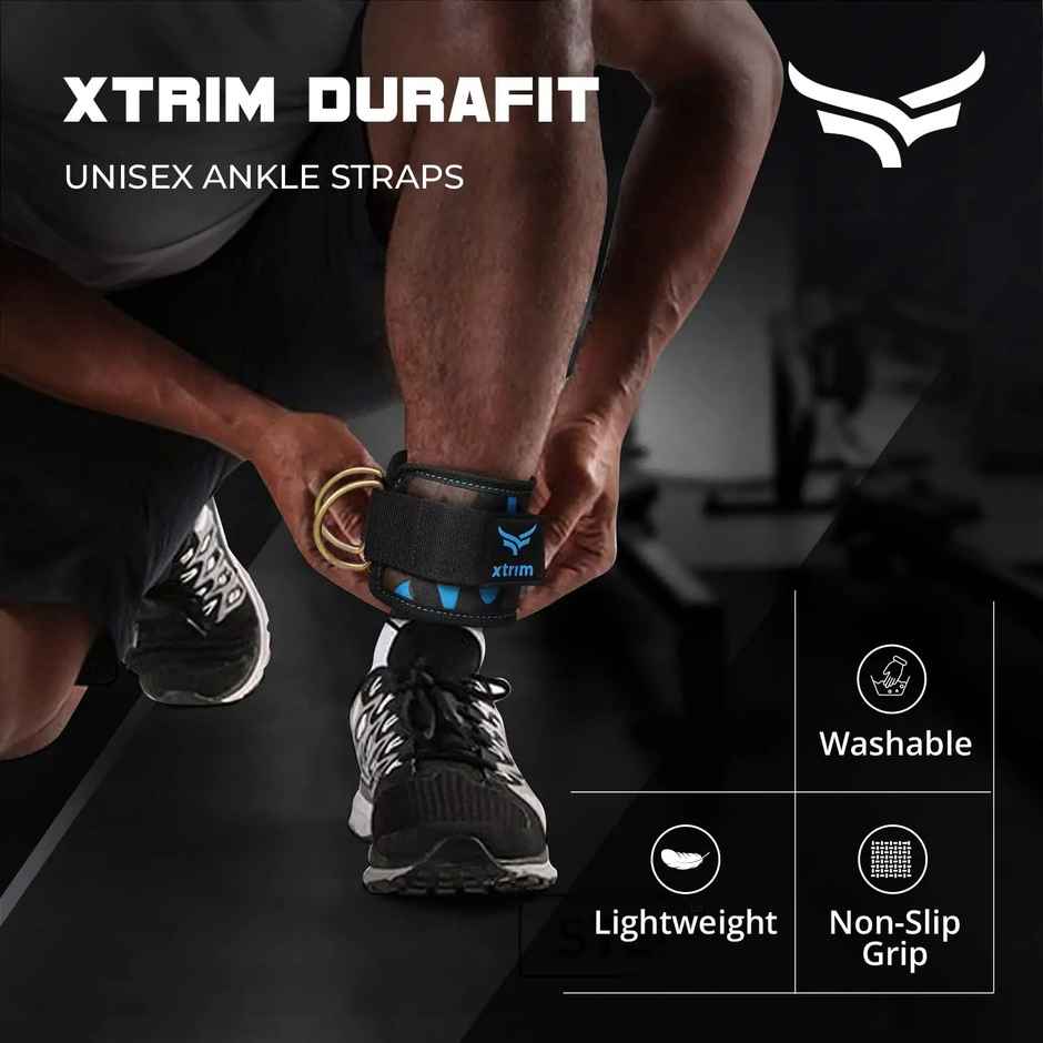 Xtrim Unisex Ankle Straps with Metal D-Rings for Workouts, with Padded Neoprene Support |Blue