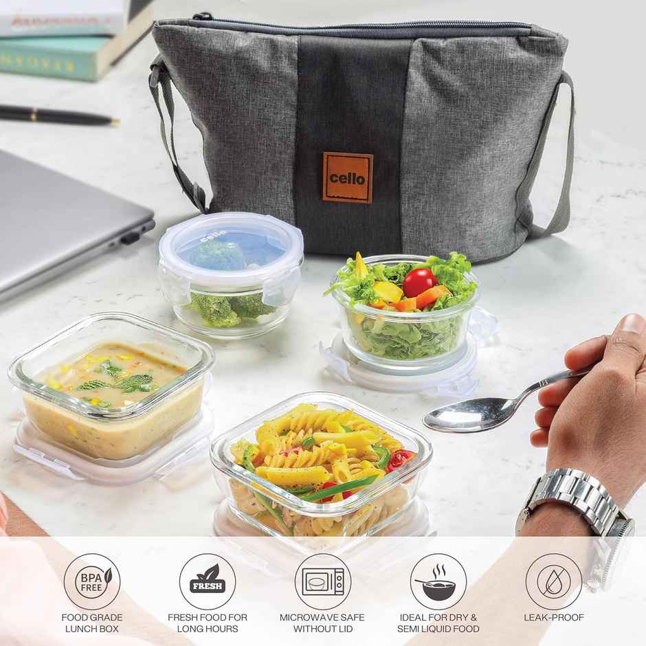 Cello Glassy Mix Lunch Box | Microwavable Borosilicate Glass | 2 x 320 ml and 2 x 240 ml