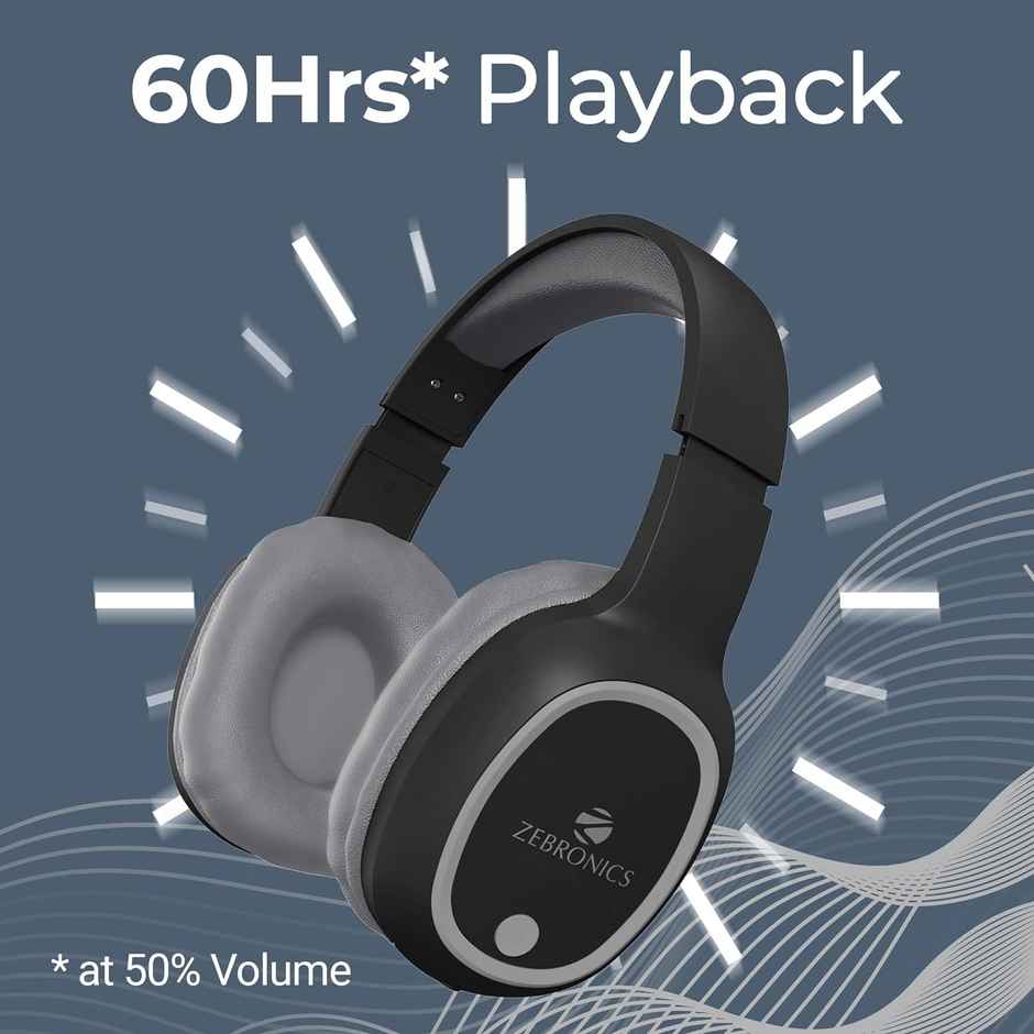 ZEBRONICS THUNDER Bluetooth 5.3 Wireless Headphones with 60H Backup, Gaming Mode, Dual Pairing, ENC, AUX, Micro SD, Voice assistant, Comfortable Earcups, Call Function - Black