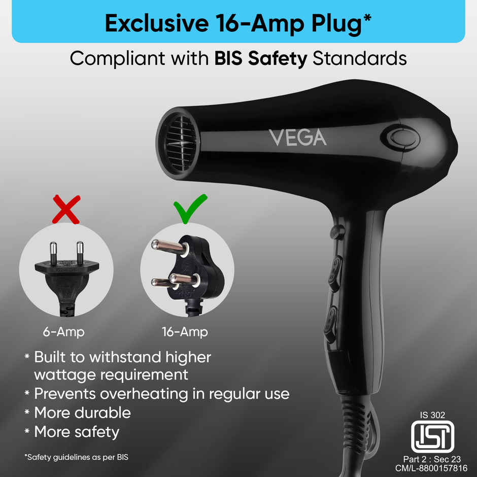 VEGA Pro Touch 2000W Professional Hair Dryer With Cool Shot (Vhdp-02), Black