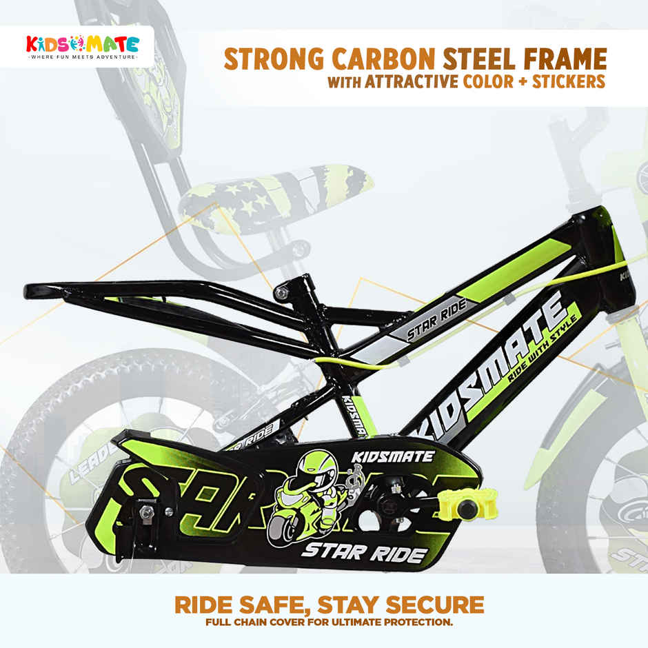 Kidsmate Star Ride 14T Kids Bicycle with Training Wheels | Neon Green