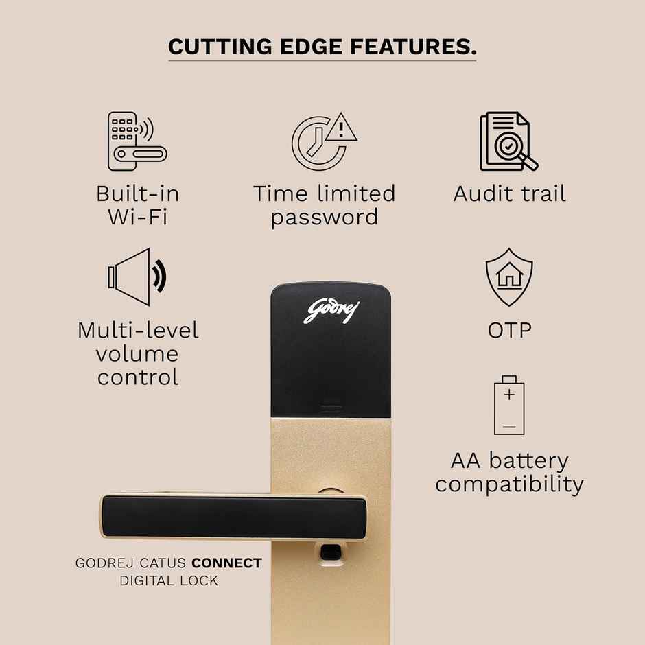 Godrej Smart Lock Catus Connect | Digital Lock | 5-in-1 Access | WiFi, Fingerprint, Pin | Gold