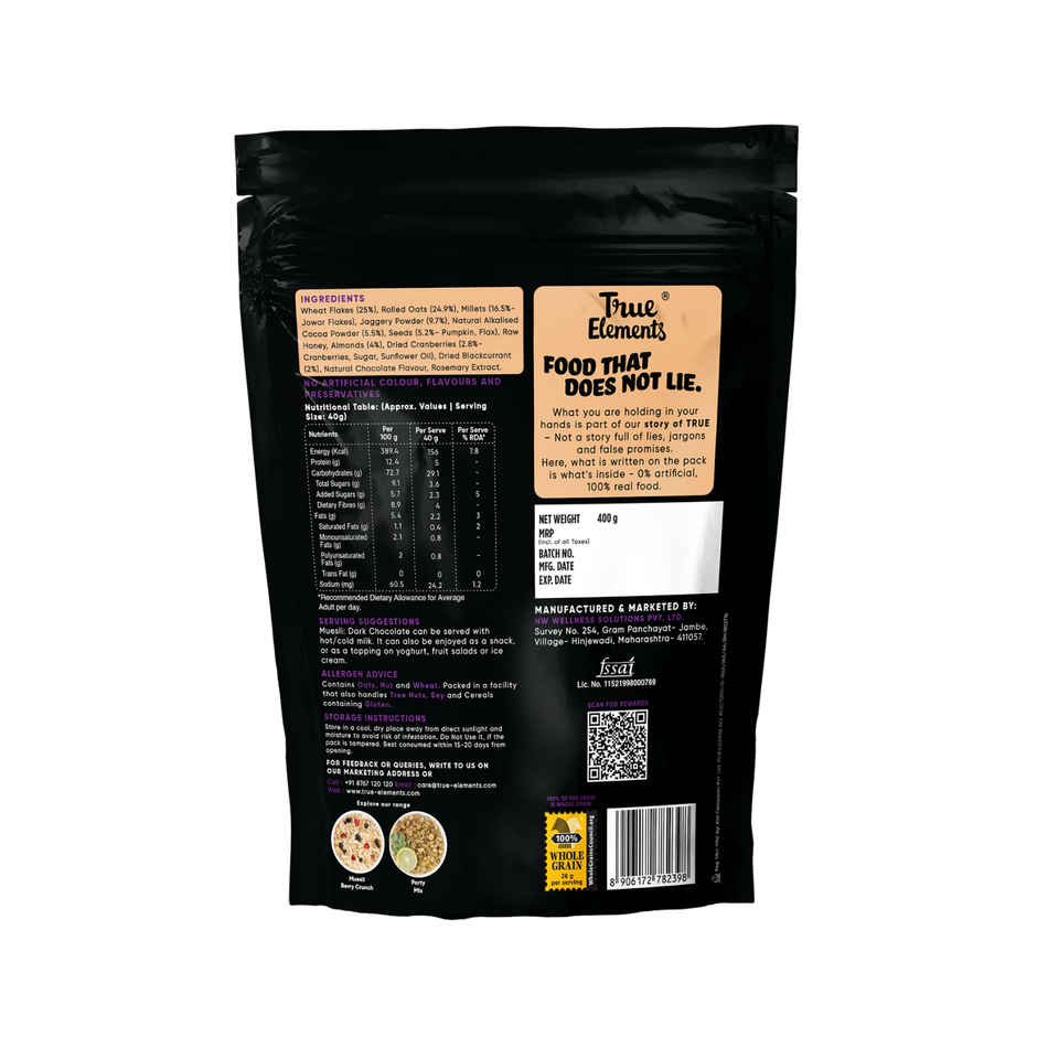 Rs By True Elements Muesli Dark Chocolate, 75% Nuts,Seeds And Whole Grain
