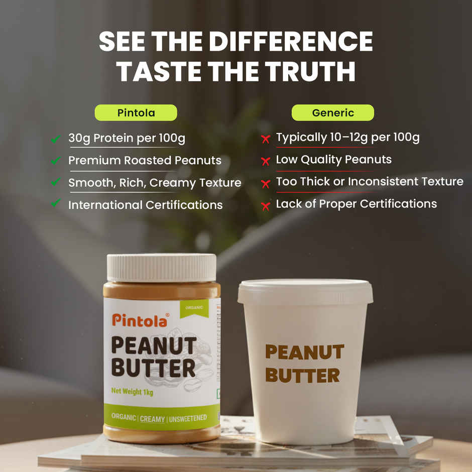 Pintola Organic Unsweetened Peanut Butter Creamy - High Protein 30G & 9G Dietary Fiber