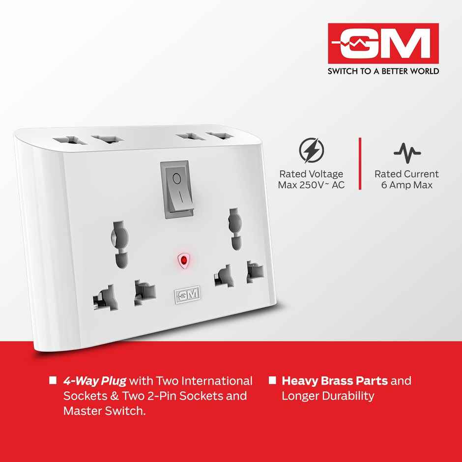 GM 3019 3 Pin 6 AMP Universal Multiplug Travel Adapter with 4 Charging Point | Useful for Small Applications, Mobiles, Computers, Laptops | Adapter with Inbuilt Surge Protector & Power Indicator - White