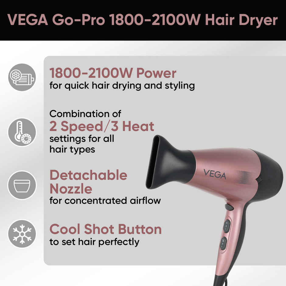 Vega Go Pro 2100W Professional Hair Dryer with 2 Speed & 3 Temperature Settings (VHDH-25)