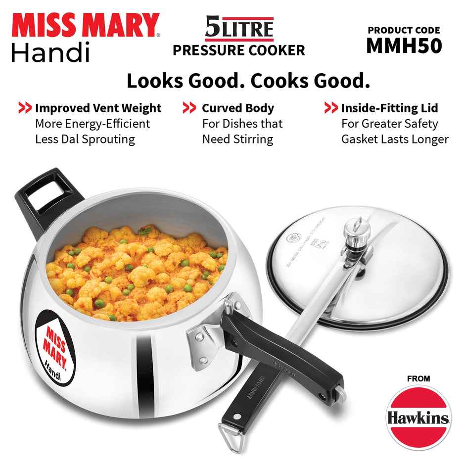 Hawkins 5 Litre Miss Mary Handi Pressure Cooker Inner Lid Cooker - Silver