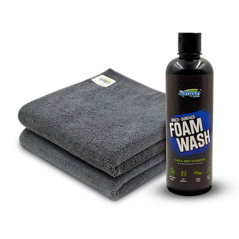 Softspun Essentials Cloth & Shampoo Combo (340 GSM, 40x40cm, 2Pc Grey Cloth & Shampoo 500mL)