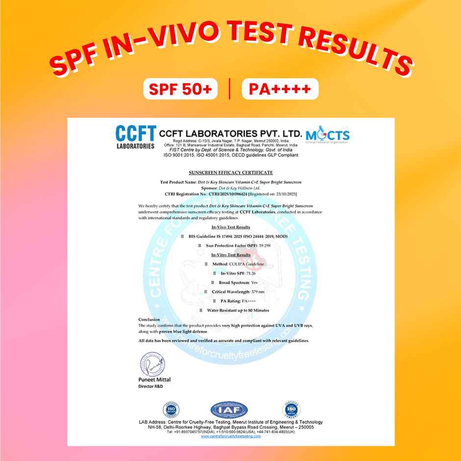 Dot & Key Vitamin C + E Face Sunscreen SPF 50 PA+++ For Glowing Skin, 100% No White Cast