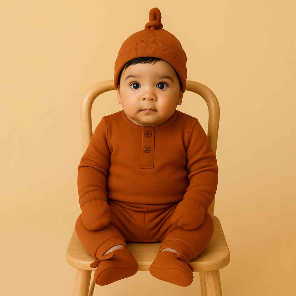 Moms Home Organic Cotton Baby Essentials Clothing Set | Gift Combo 0-3 Months | 5 Items | Brown