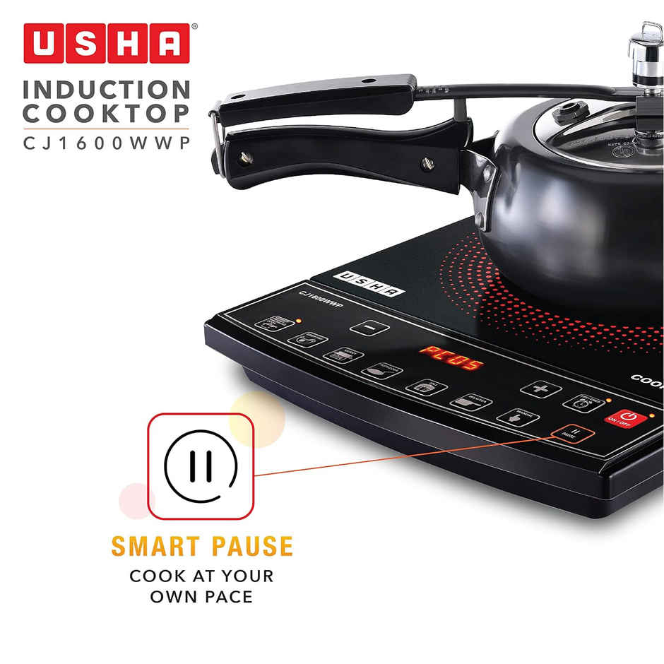 USHA Induction Cooktop|1600 W Push Button| Pan Sensor| 6 Pre-Set Menu| 8-Stage Power Setting|Black