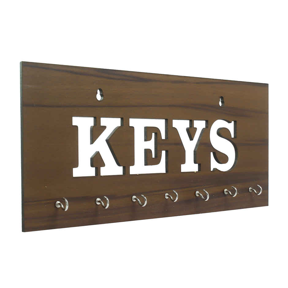 eCraftIndia Brown Keys Theme Wooden Key Holder With 7 Key Hooks For Wall