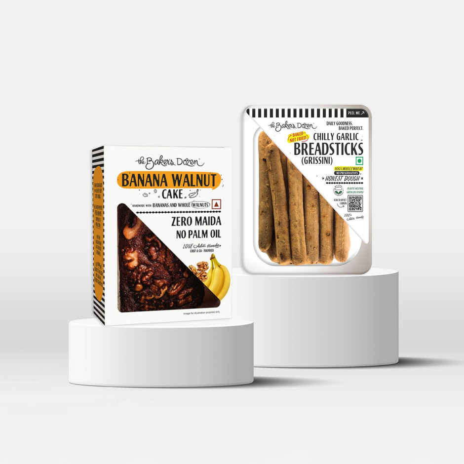 The Baker's Dozen Banana Walnut Cake & The Baker's Dozen Zero Maida Breadsticks Snack Combo