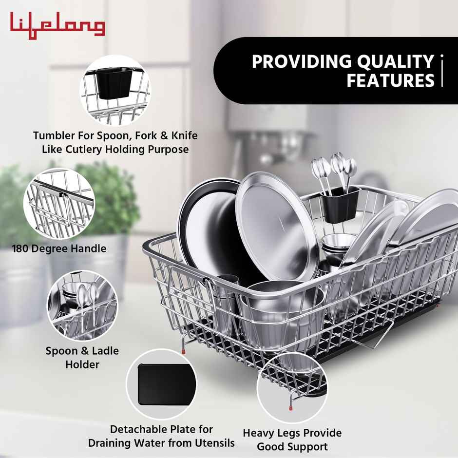 Lifelong Kitchen Organizer Stainless Steel Drying Rack Utensil Drainer Basket Sink Bartan Stand