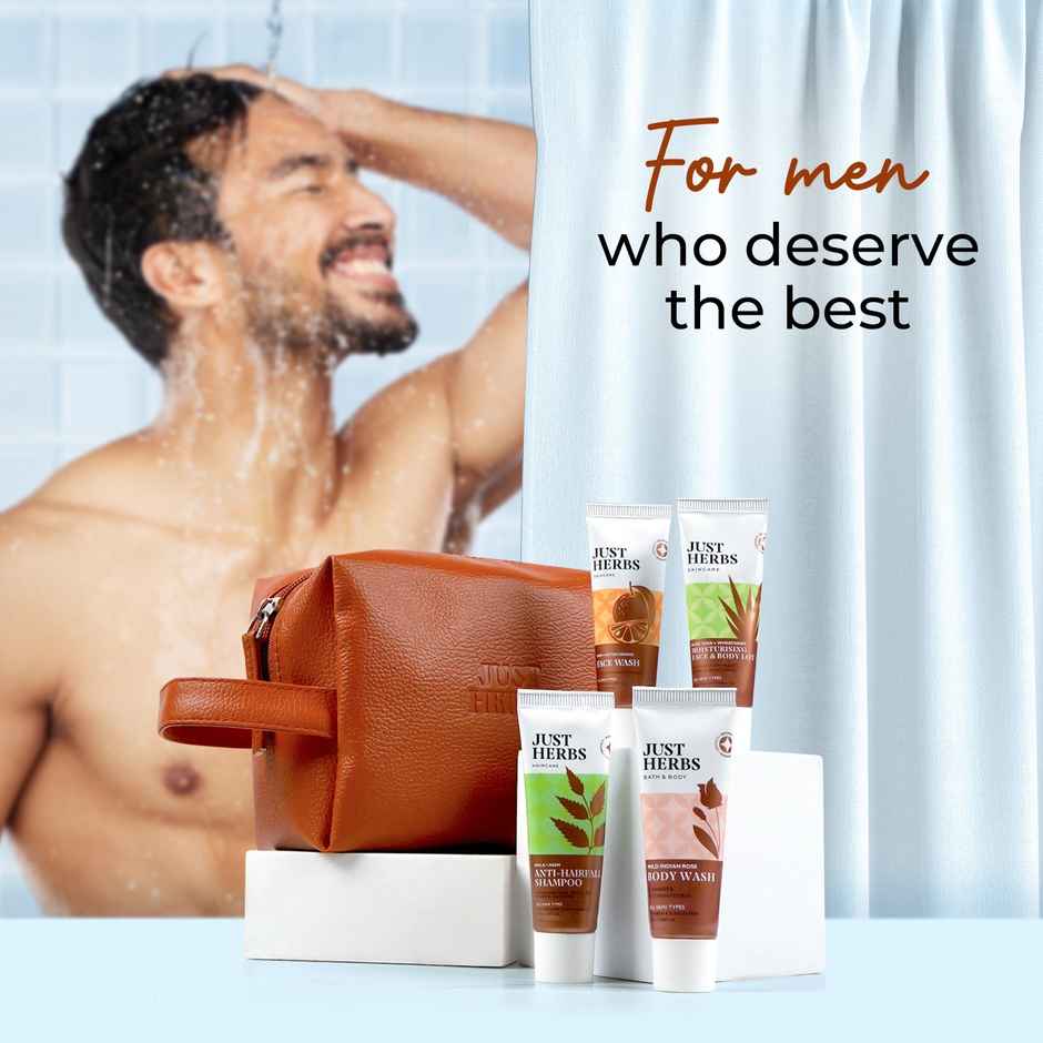 Just Herbs Men Essential Head-To-Toe Mini Travel Kit With Free Pouch Shampoo