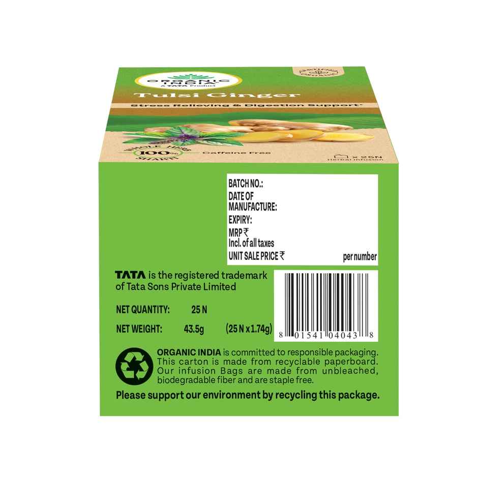 A TATA Product - Organic India Tulsi Ginger - 25 Tea Bags, Rich in Antioxidants, Supports Digestion