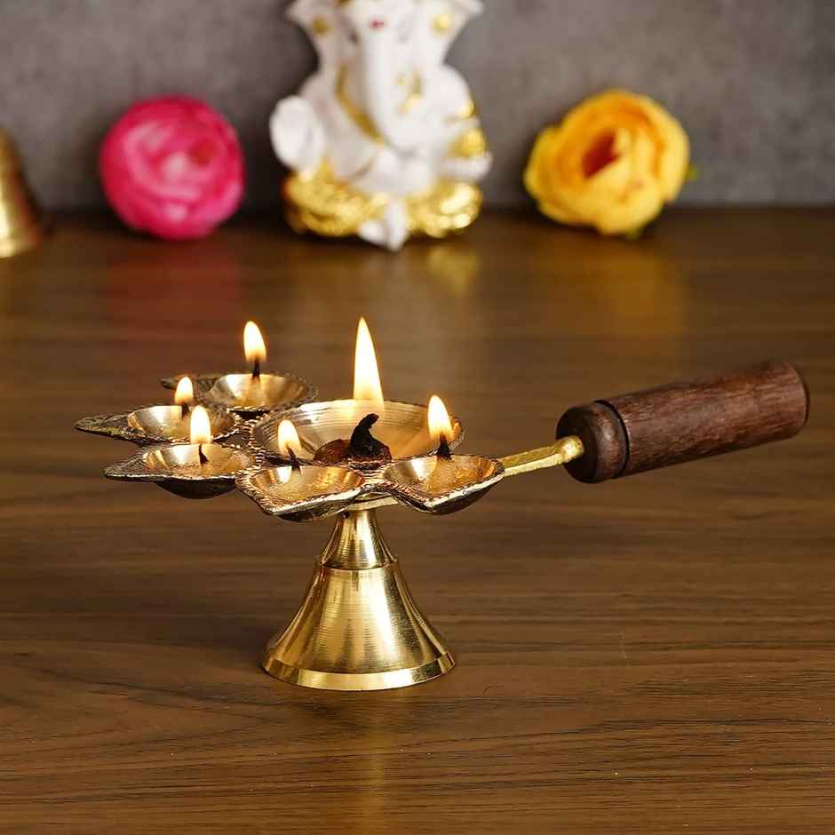 Ecraftindia Set Of 2 Golden Brass Panchdeep Diyas For 5 Cotton Wicks With Wooden Holder