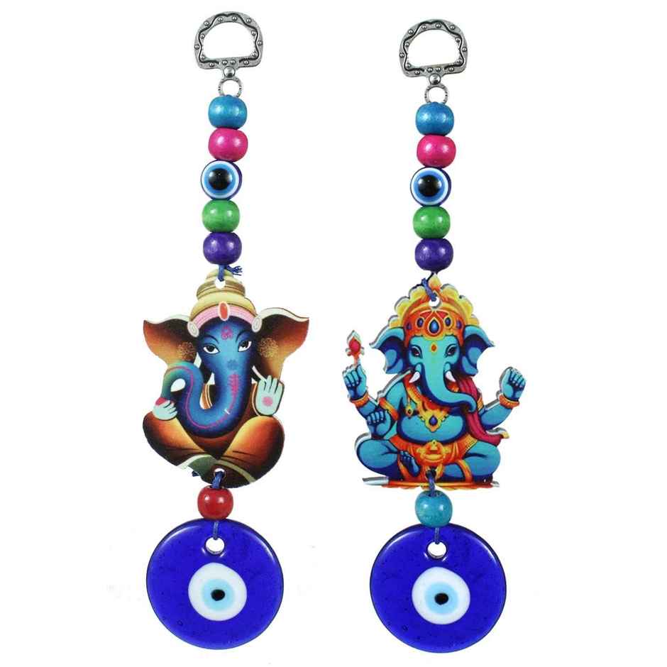 Tied Ribbons Set of 2 Feng Shui Blue Evil Eye Ganesha Pendant Ornament Amulet