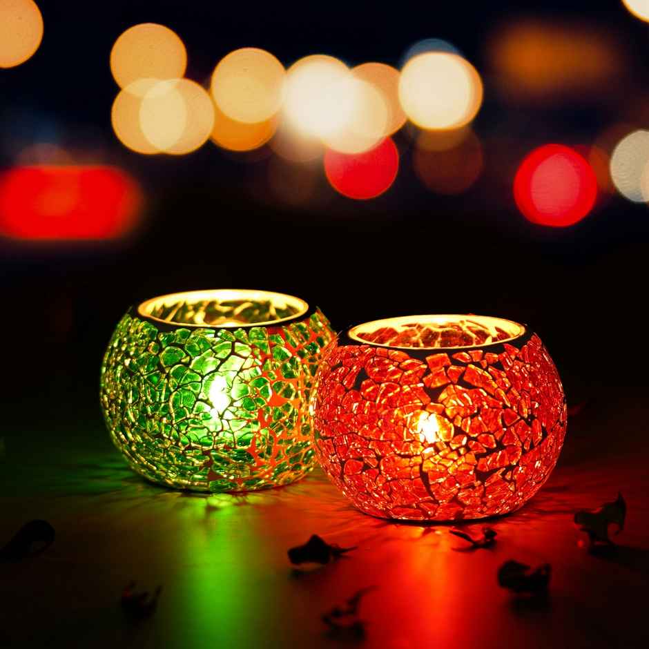 eCraftIndia Red & Green Set of 2 Mosiac Glass Decorative Tea Light Holder/diya