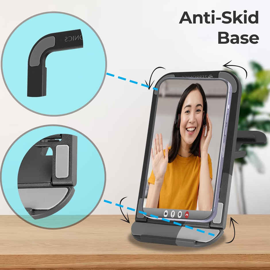 Zebronics MS80 Mobile Holder with Adjustable Height, Anti Skid Base, Matte Finish (Black)