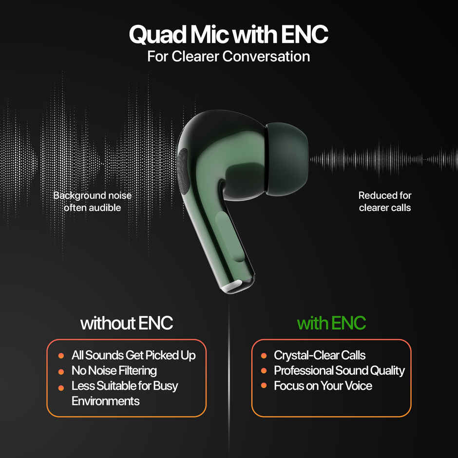 Fire-Boltt Fire Pods Aero Ultra TWS Earbud with Custom EQ Profile, Quad Mic ENC & 50H Playtime, Ultra Low 50ms Game Mode, Green Metal