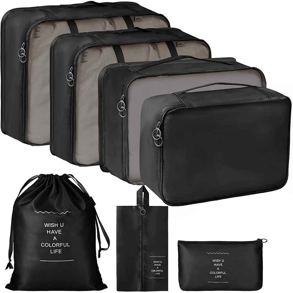 Lazer Polyester Travel Organizer Bag 3 Packing Cubes + 3 Pouches + 1 Toiletry Organizer Bag | Black
