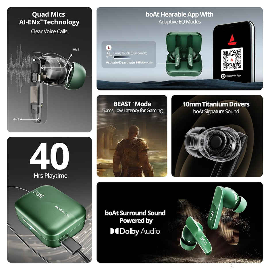 boAt Airdopes 800 TWS Earbuds w/ Dolby Audio, High Fidelity Drivers, 4 Mics ENX Tech & Hearables App(Interstellar Green)