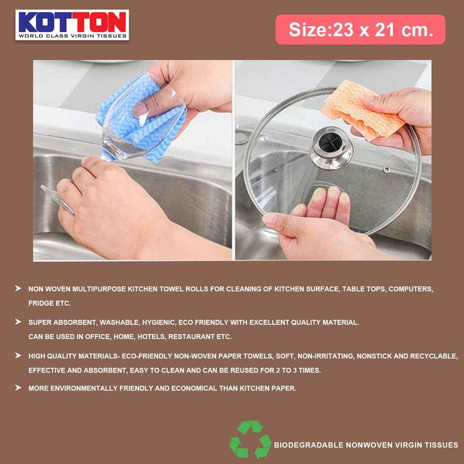 Kotton Non Woven Reusable And Washable Kitchen Roll - Pack of 1 Roll - 80 Pulls - 23 x 21 cm