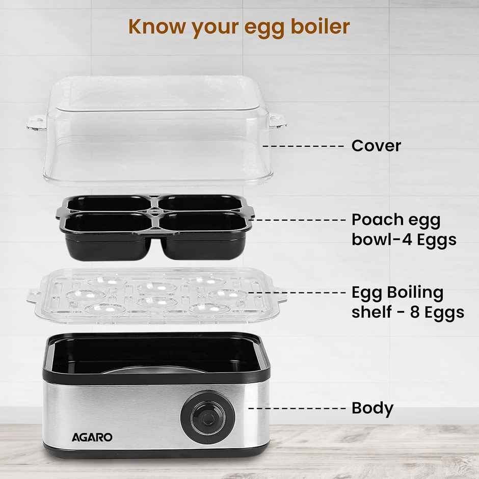 Agaro Grand Egg Boiler And Poacher, 500W, 2-in1 Boils 8 Eggs, Poach 4 Eggs, Steamed Vegetables, 3 Boiling Modes, Stainless Steel Body - Silver