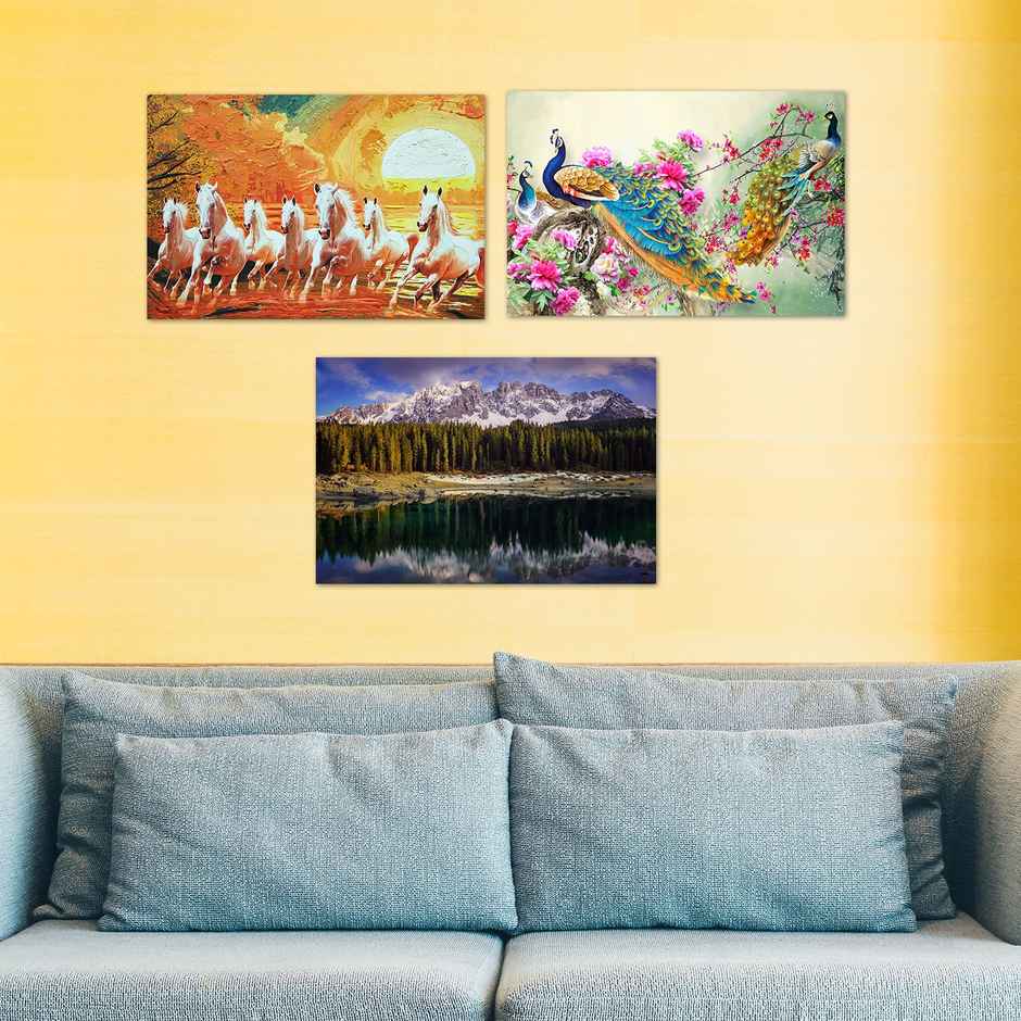 Paper Plane Design Vaastu Seven Running Horses Wall Poster | Set Of 3 | Size 12 x 18 Inch | D19