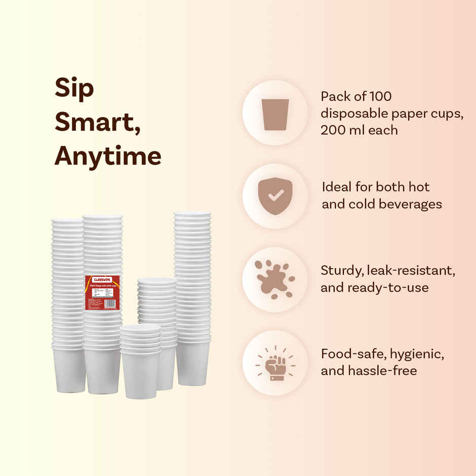 Paper Cups Disposable Glass | 200 ml | Careswipe