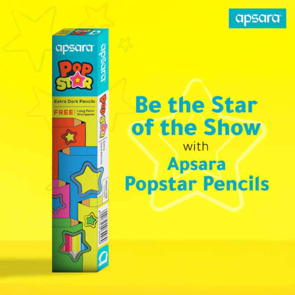 Apsara Popstar Pencils 5 Neon Shades With Extra Dark Lead & Star Rubber Tip