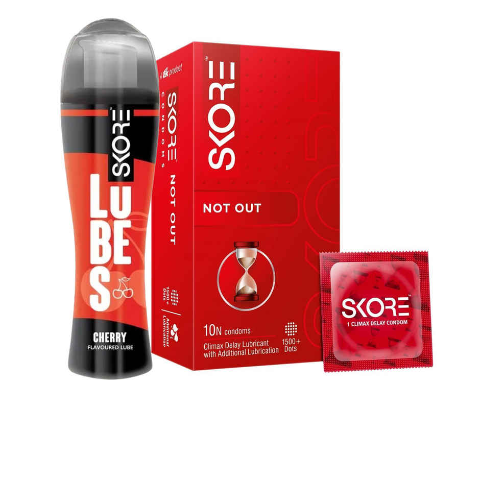 Skore Not Out Condoms - Climax Delay & Dotted (10pc) & Skore Lubes - Cherry Flavour (50ml) Combo 