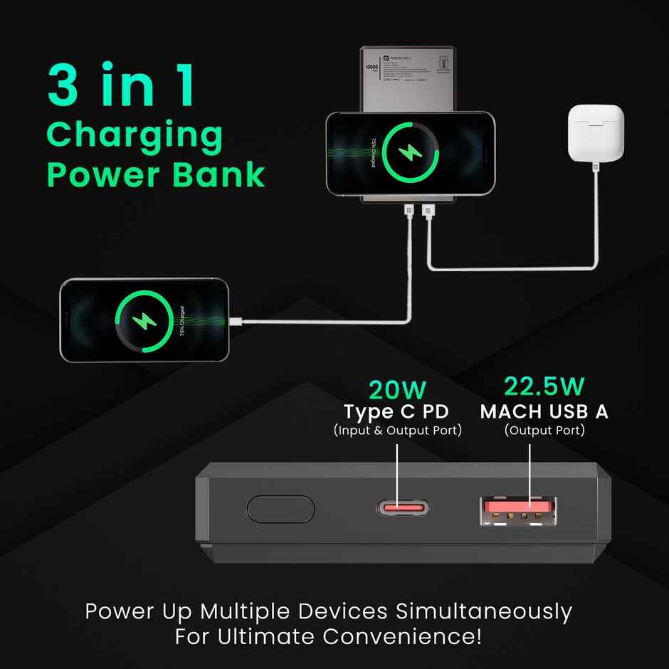 Portronics 15W Magnetic 10000 mAh Wireless Power Bank(Dark Grey)