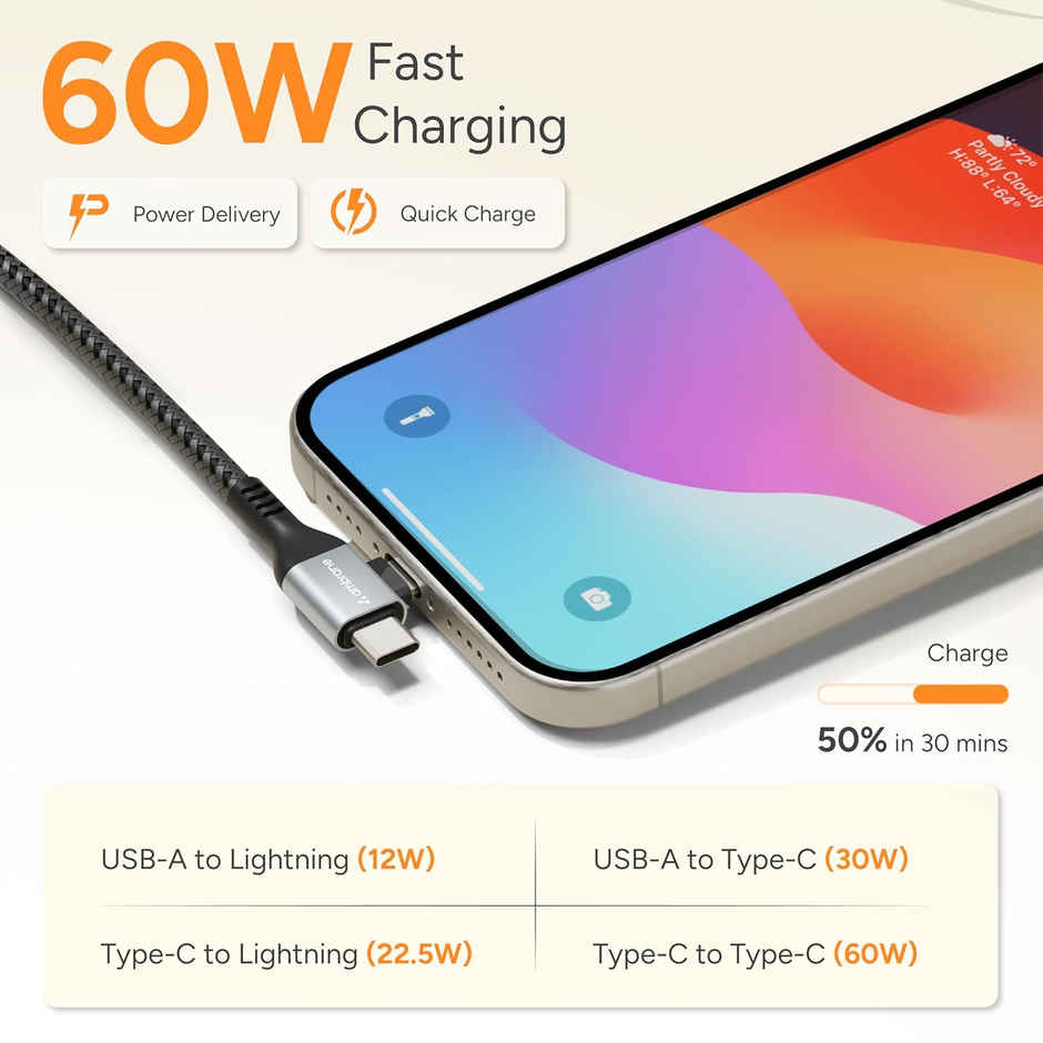 Ambrane 4 in 1 Multi-Functional fast Charging Cable, USB, Type-C, Lightning Cable (AC4CL-15)