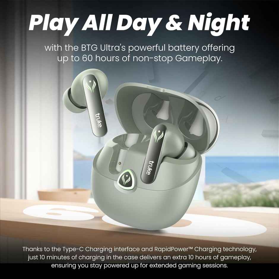 truke BTG Ultra Truly Wireless Bluetooth Earbuds with 60H Battery, 360 Spatial Audio - Mint Mist