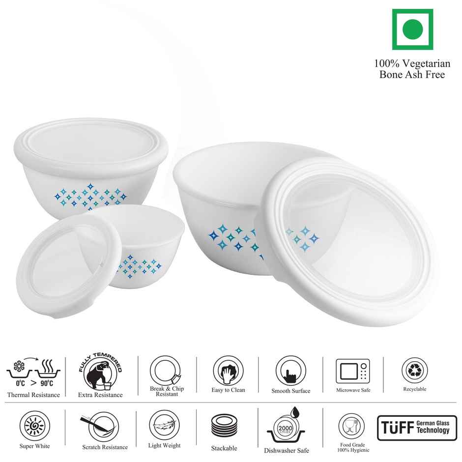 Cello Opalware Royale Black Curve Mixing Bowl Set with Lid (500ml, 1000ml,1500ml)