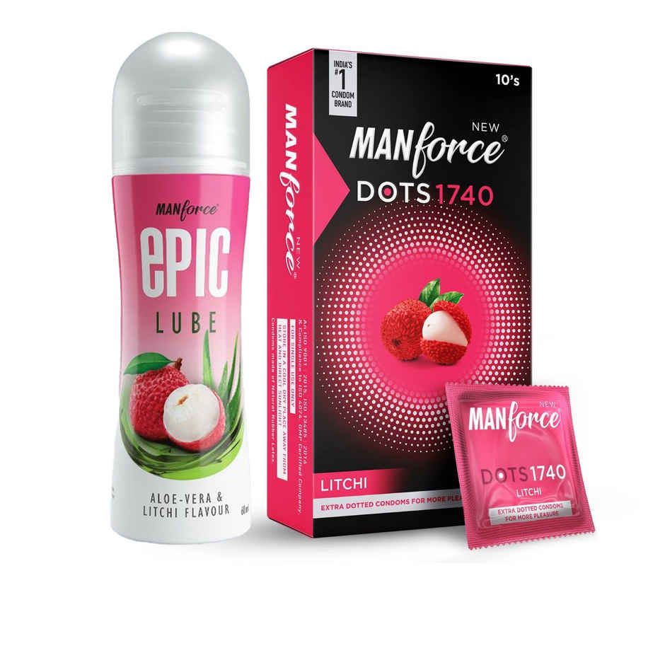 Manforce Extra Dotted (1740 Dots) Litchi Flavoured Condoms (10pc) & Manforce Epic Lube - Aloe-Vera & Litchi (60ml) Combo