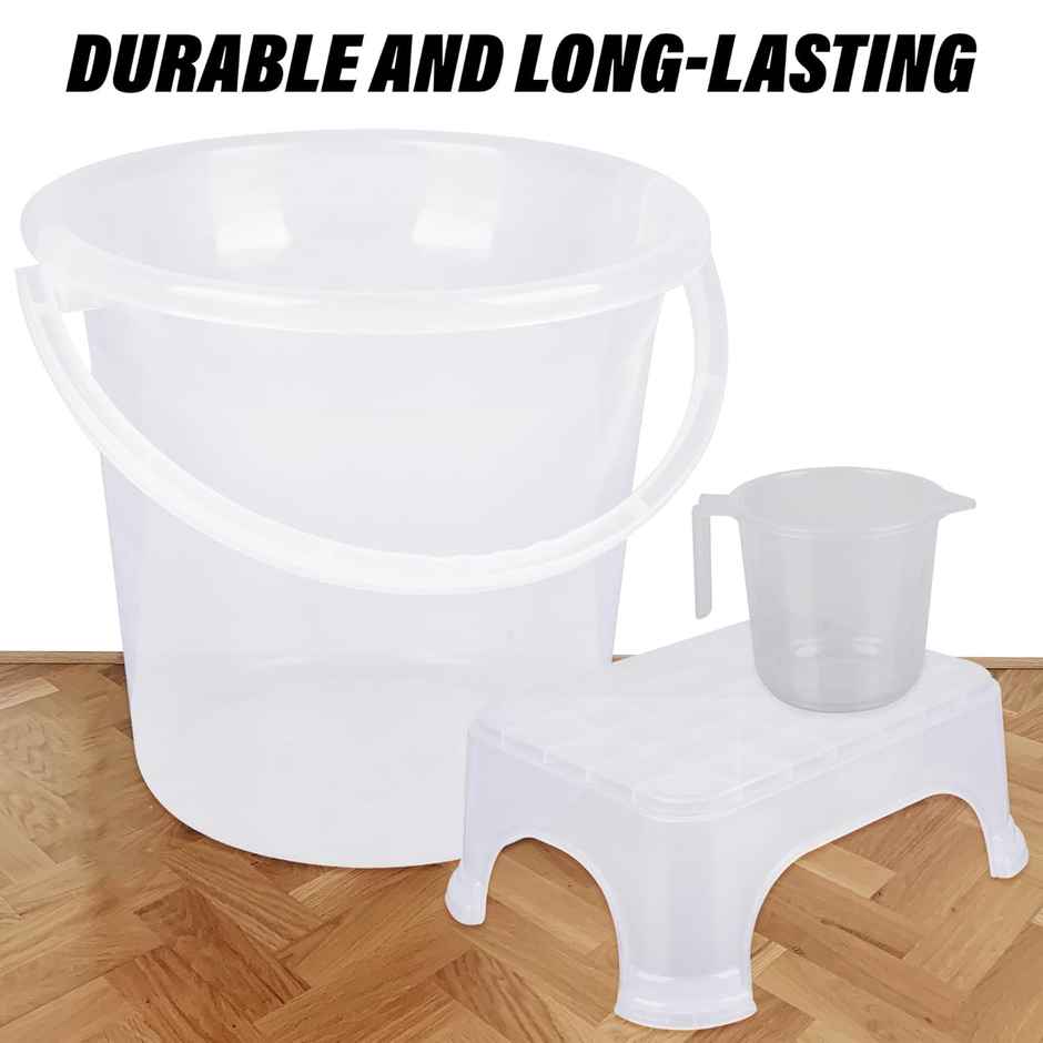Kuber Industries Bucket-Stool-Mug Plastic Bathroom Combo Set|Set of 3|Transparent