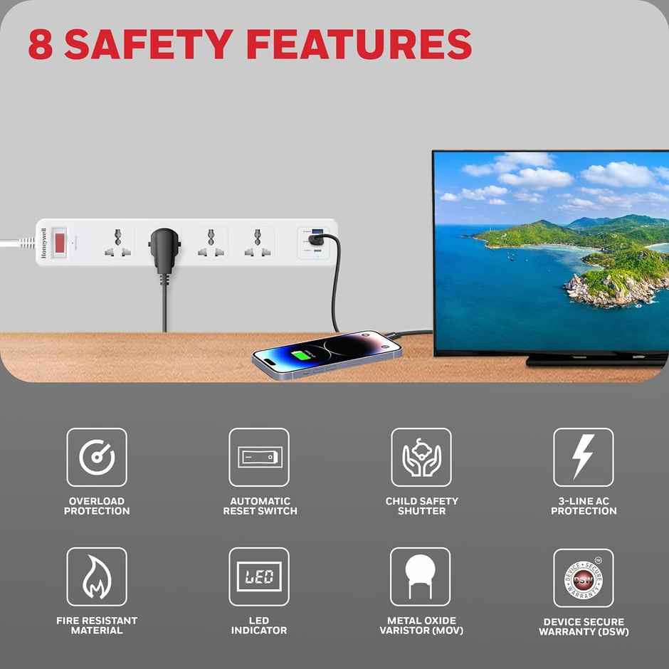 Honeywell 4 Outlet Surge Protector With 1Xtype C With Pd & 2Xusb